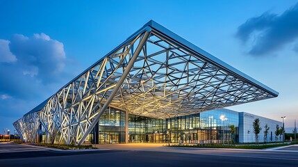 Obraz premium Modern Architectural Building Exterior with Geometric Design at Dusk