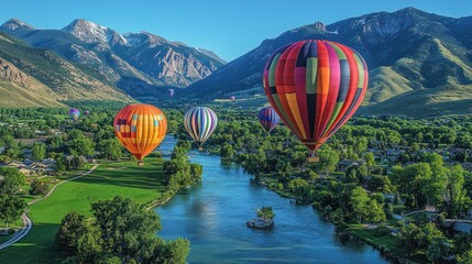 Fototapeta premium Colorful hot air balloons soar over a scenic river valley and majestic mountains.