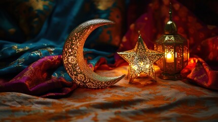 A traditional Ramadan-themed crescent moon and star decoration, styled with colorful fabrics and glowing lanterns, vibrant details, cultural editorial photography