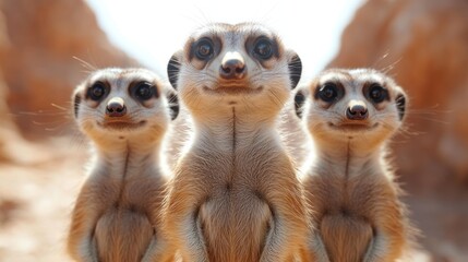 Three meerkats standing together, looking at the camera.