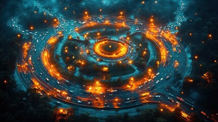 Obraz premium Aerial night view of a circular highway interchange with heavy traffic and illuminated streetlights.