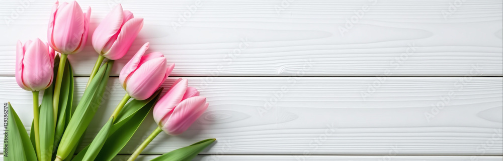 Poster pink tulips adorn a beautifully set easter table with a simple yet elegant white wooden background i