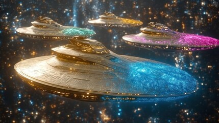Four metallic spaceships with glowing energy trails fly through a starry cosmos.
