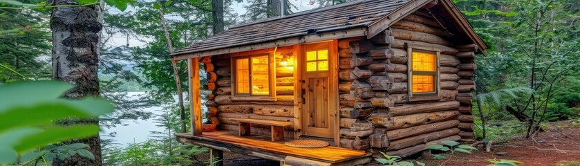 A cozy log cabin nestled in a lush forest, illuminated warmly, reflecting a serene lakeside environment.