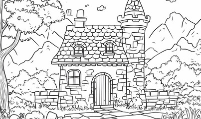 Obraz premium Charming Stone Cottage with Tower Coloring Page in a Landscape