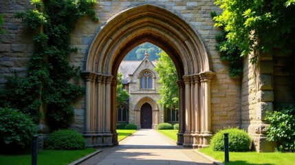 Fototapeta premium Stone Archway Leading to Tranquil Courtyard with Lush Greenery and Ancient Building