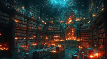 Fototapeta premium Enchanting, candlelit library filled with ancient books and mystical ambiance.