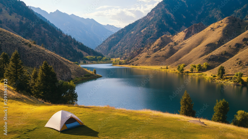 Poster serene lake view with a tent surrounded by mountains and greenery