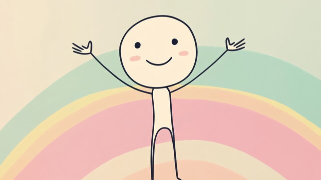 Joyful character with outstretched arms celebrating happiness and positivity against a colorful rainbow background, cheerful illustration concept