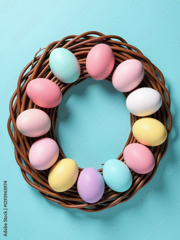Poster pastel easter eggs are arranged on a wicker wreath against a light blue background in a creative spr