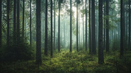 Obraz premium Serene Misty Forest Landscape with Tall Trees and Sunlight Rays