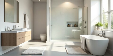 Modern minimalist bathroom design with a freestanding bathtub and walk-in shower featuring sleek fixtures and neutral color palette