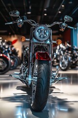 Fototapeta premium Chrome motorcycle dominates showroom; polished and powerful