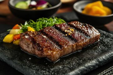 Grilled Beef Steak on Slate Plate with Colorful Vegetables and Garnish for Culinary Delight