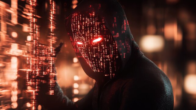 Masked hacker breaching security systems in a digital realm