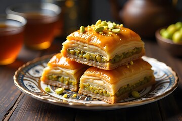 Traditional Baklava with Honey and Pistachios on Elegant Plate