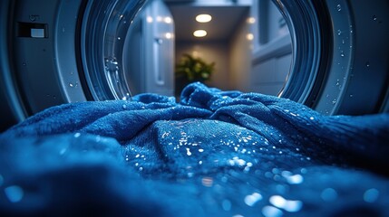 Wet blue fabric inside a washing machine drum.