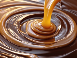 Stream of caramel swirling into a pool of chocolate