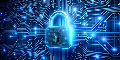 Fototapeta premium Cybersecurity Concept: Digital Padlock and Glowing Circuit Board with Data Protection 