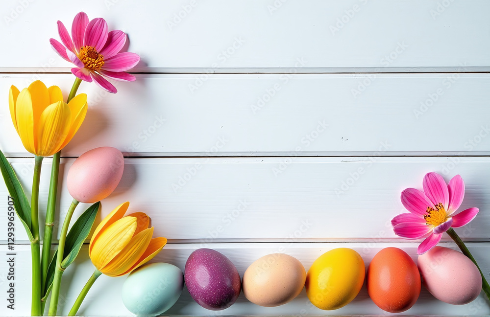 Poster natural dyed colorful eggs and spring flowers create a beautiful, rustic scene against a white woode