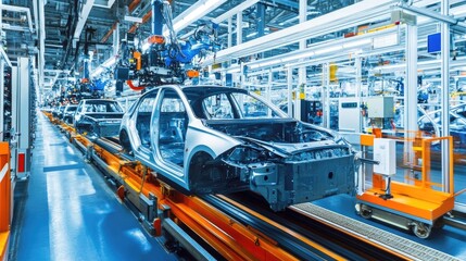 Automated vehicle production process in a spacious, high-tech car manufacturing facility.