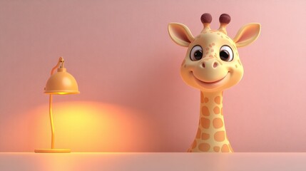 Cute cartoon giraffe head peeking over a desk with a small lamp.