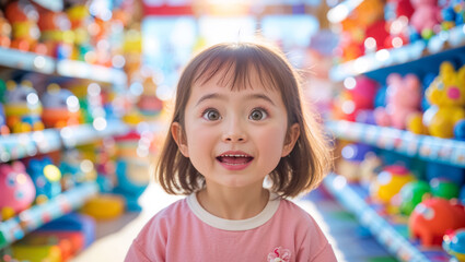 portrait little happy asian girl in toy store