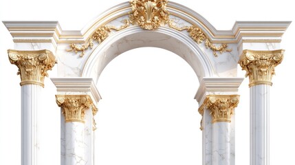 Elegant marble archway with gold accents, isolated on white background, ideal for architectural design