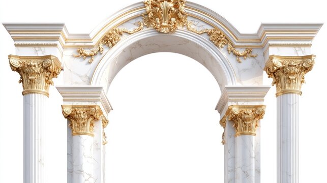 Elegant marble archway with gold accents, isolated on white background, ideal for architectural design