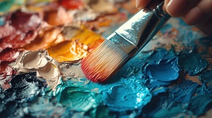 Fototapeta premium Close-up of paintbrush mixing vibrant oil paints on palette.