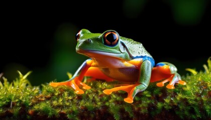 Tiny, Vibrant Rainforest Frog Blending into the Lush Greenery of a Damp Tropical Rainforest Floor, Discovered in Camouflage during a Twilight Expedition