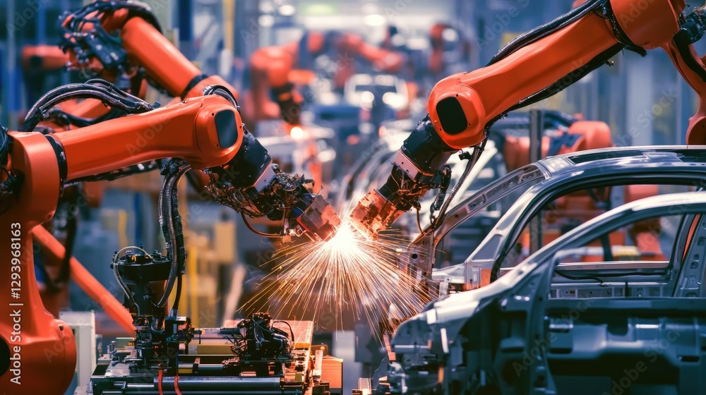 Poster auto assembly line with precision robots welding and assembling vehicle parts in sync.