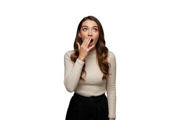 Fototapeta premium Young Woman Expressing Surprise on Black Background