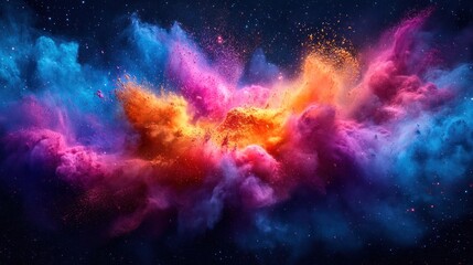 Vibrant cosmic explosion of colorful nebula dust and gas clouds in space.