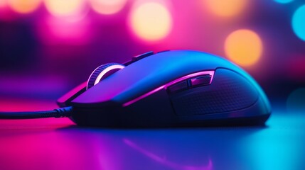 Close-up of a sleek gaming mouse, vibrant neon lights