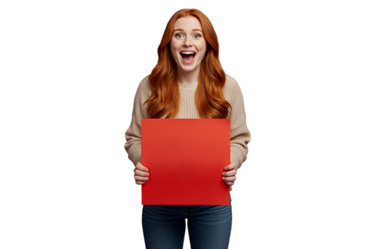 Joyful Redhead Woman Holding a Blank Red Board