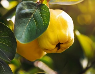 quince fruit ripening on a branch in an orchard during late summer showcasing its vibrant yellow color amid lush green leaves under warm sunlight