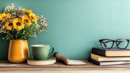 Sunflowers, books, coffee cup, and glasses on a wooden shelf against a teal wall.