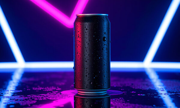 A sleek matte black soda can with water droplets on the surface standing on a reflective surface with neon lights