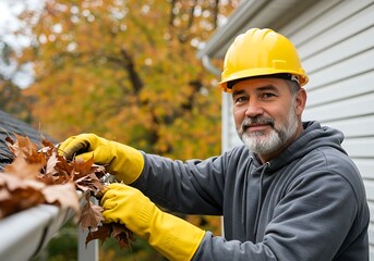 Worker in safety gear cleaning gutters filled with leaves, ensuring proper water drainage and maintaining the home's structural integrity.