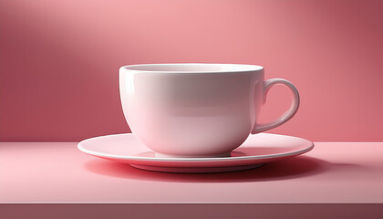 Obraz premium Minimalist 3D rendered white coffee cup on pastel pink background 
