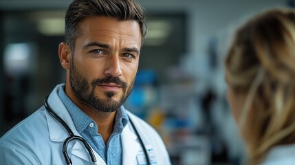 Fototapeta premium Doctor listening intently to patient in hospital hallway