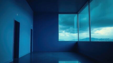 Fototapeta premium A minimalist room with blue walls, large windows showcasing a cloudy landscape, and two closed doors. The floor is reflective, enhancing the serene atmosphere.