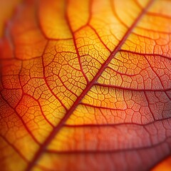 Captivating Close up of Autumn Leaf with Vibrant Colors and Intricate Veins Detail in Warm Light Macro Photography