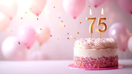 Birthday celebration with a decorated cake, balloons, confetti and number 75 candle. Seventy-fifth anniversary concept