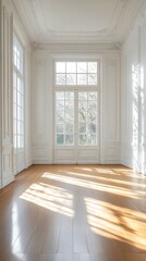 Fototapeta premium Luxurious White Room with Grand Windows and Wooden Floor