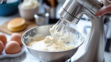 A classic silver stand mixer with a tilt-head design, preparing pancake batter.