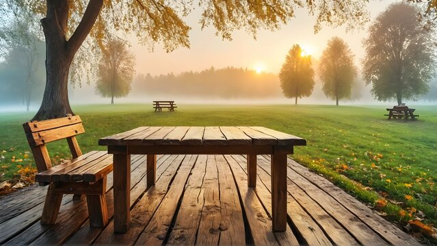 Serene Sunrise Picnic: Wooden picnic table and bench set beneath a tree at the edge of a lawn bathed in the warm glow of the early morning sun, Generative Ai