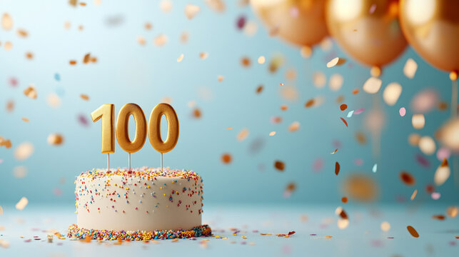 Birthday celebration with a decorated cake, balloons, confetti and number 100 candle. Hundredth anniversary concept