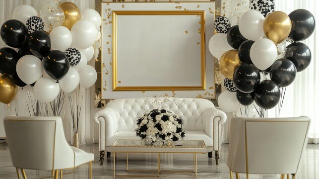 Elegant indoor setting with balloons and empty picture frame decor